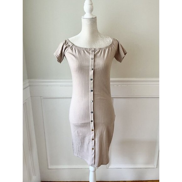 Say What? Tan Ribbed Off-Shoulder Button-Down Mini Dress L - Picture 2 of 6